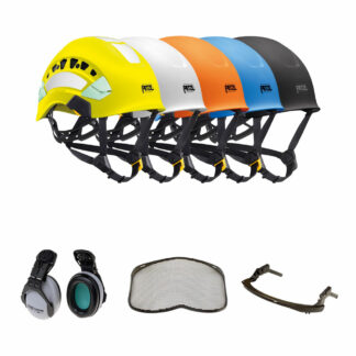 Petzl Vertex Vent climbing helmet assembly, MSA Sordin ears (26SNR) / mesh visor